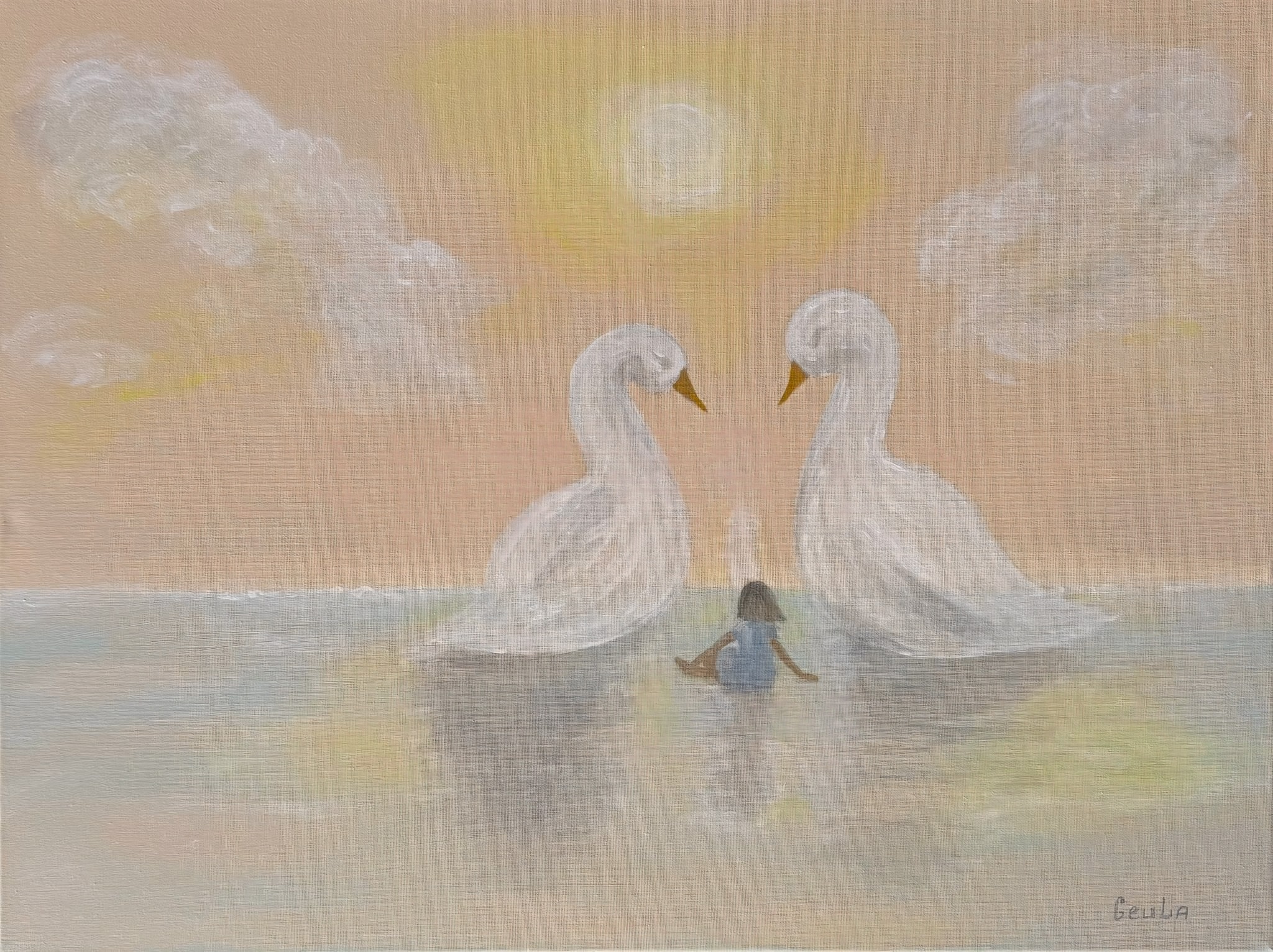 A seated girl facing two white geese on still water beneath a warm sky.