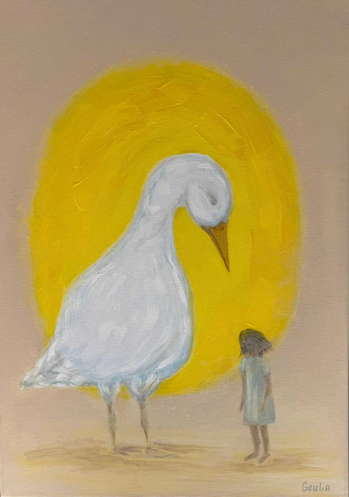 A white goose and a small girl standing together before a large yellow circle.