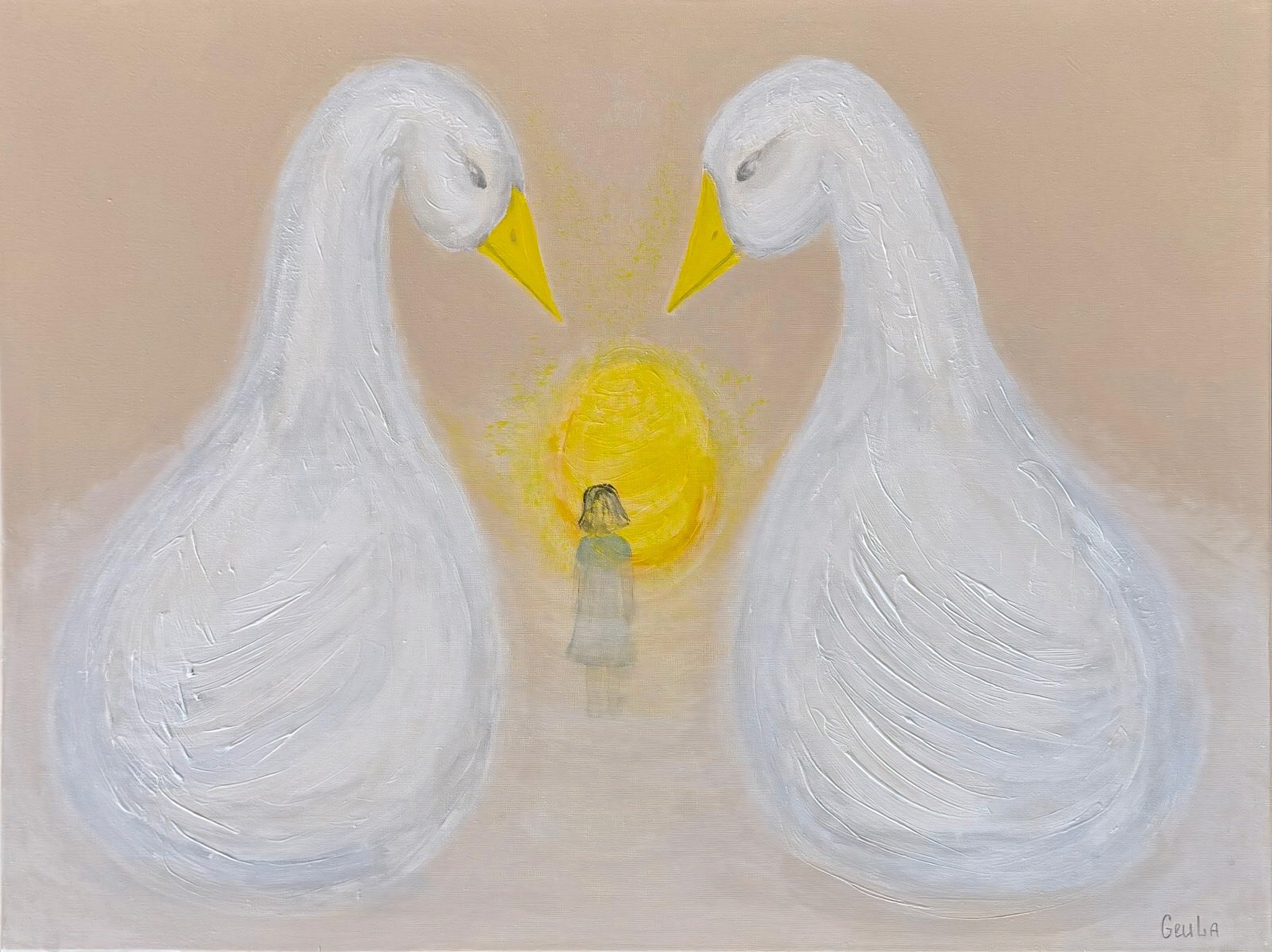 Two large white geese facing a small girl standing before a glowing yellow light.