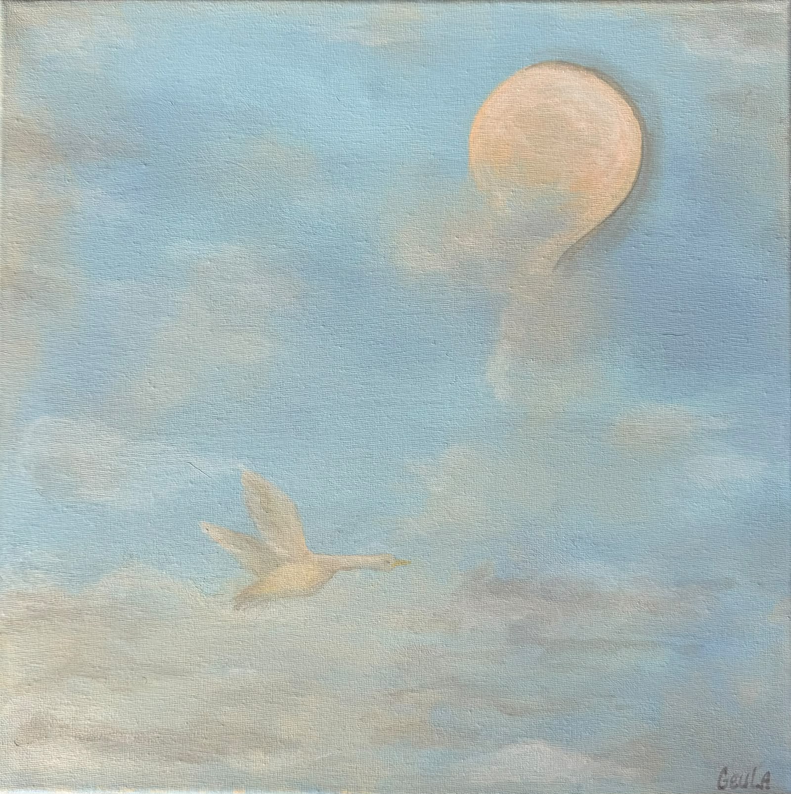 Into the Open Sky, a white goose flying through pale blue clouds toward a softly glowing sun.