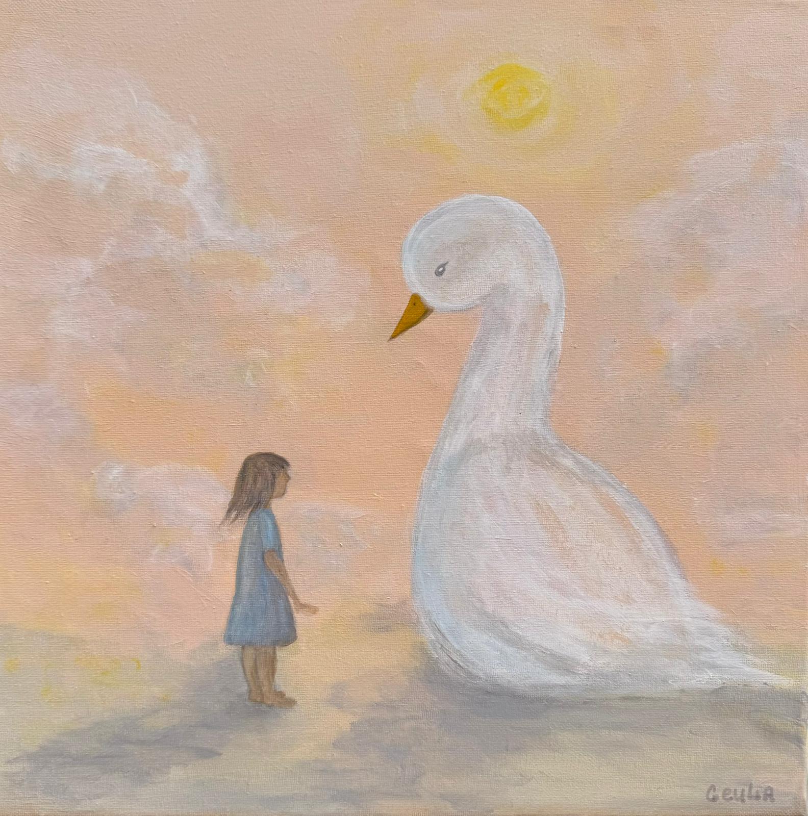 A small girl and a large white goose standing face to face beneath a quiet sun.