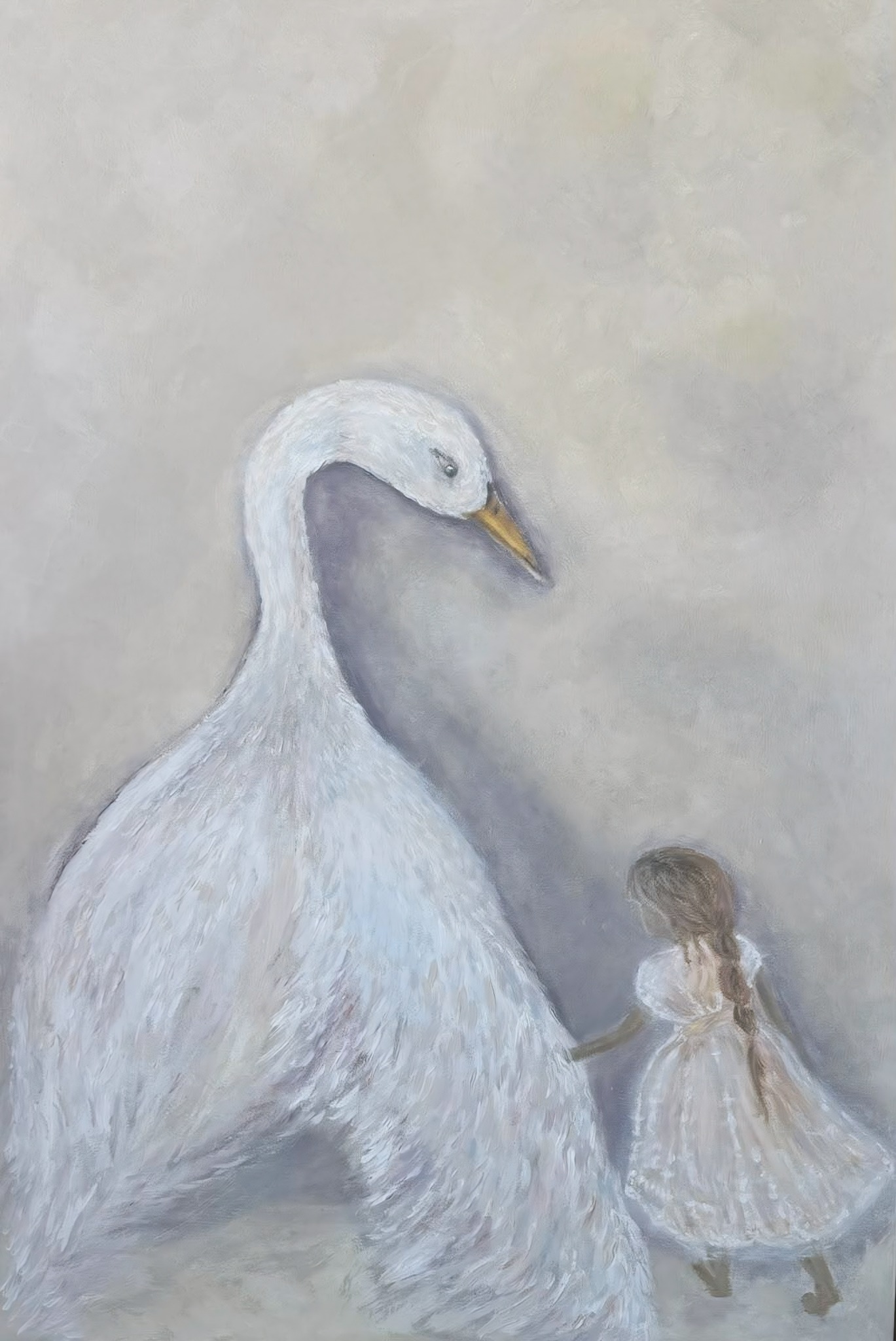 Beside You, a monumental white goose beside a small girl in a pale dress.