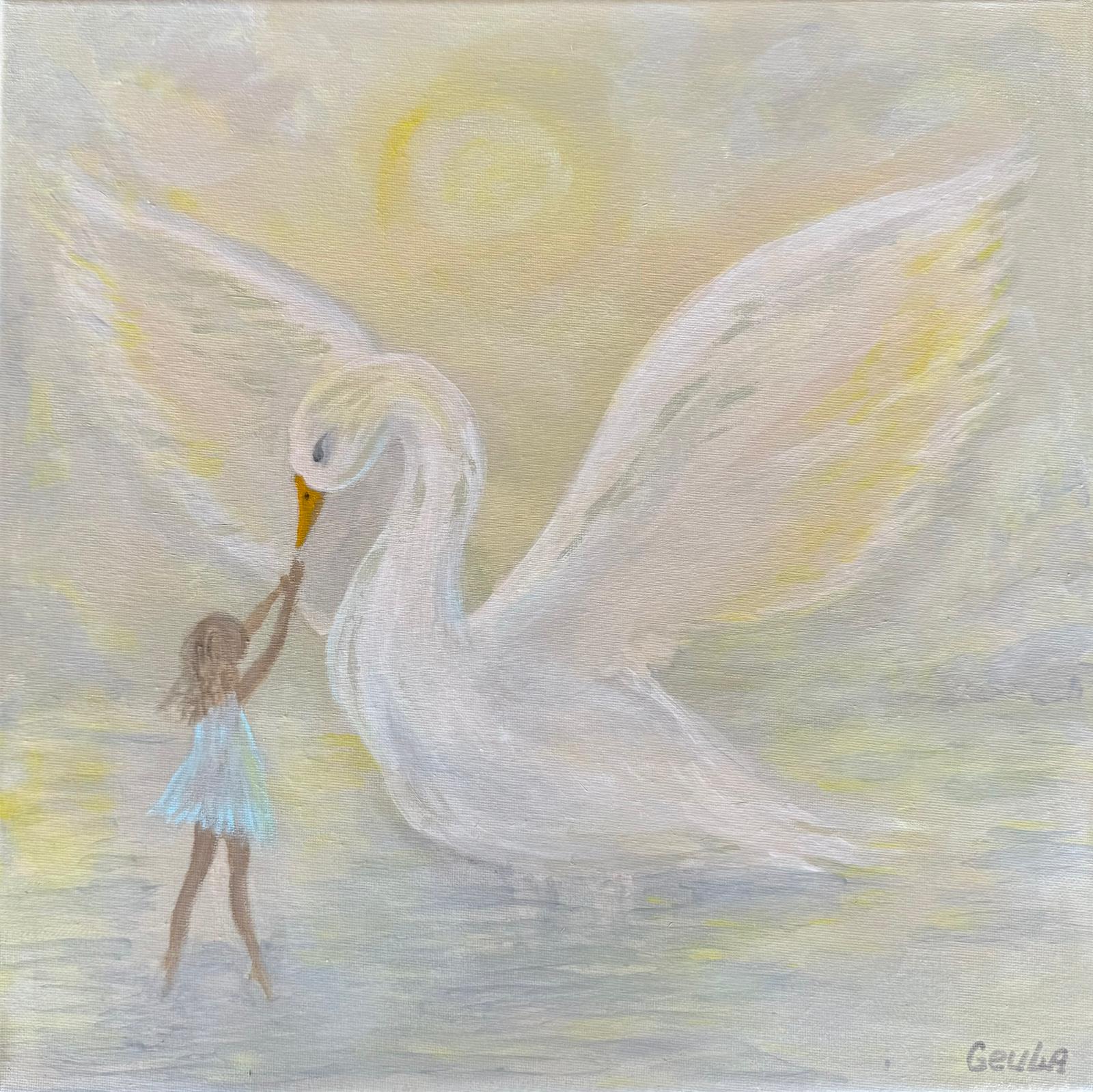 A girl reaching upward to touch the beak of a white goose with open wings.