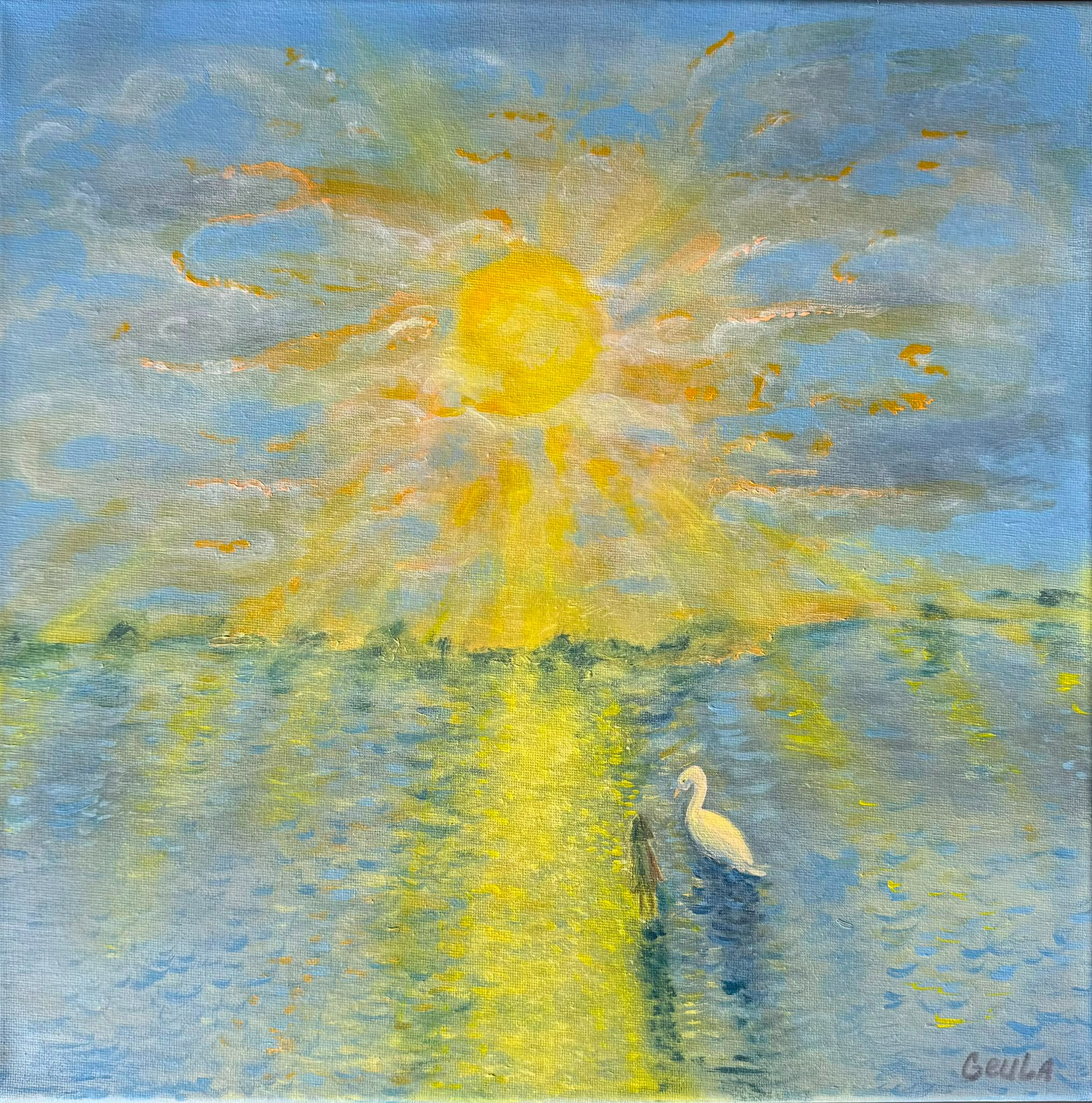A brilliant yellow sun over blue water with a girl and a white goose in its reflection.