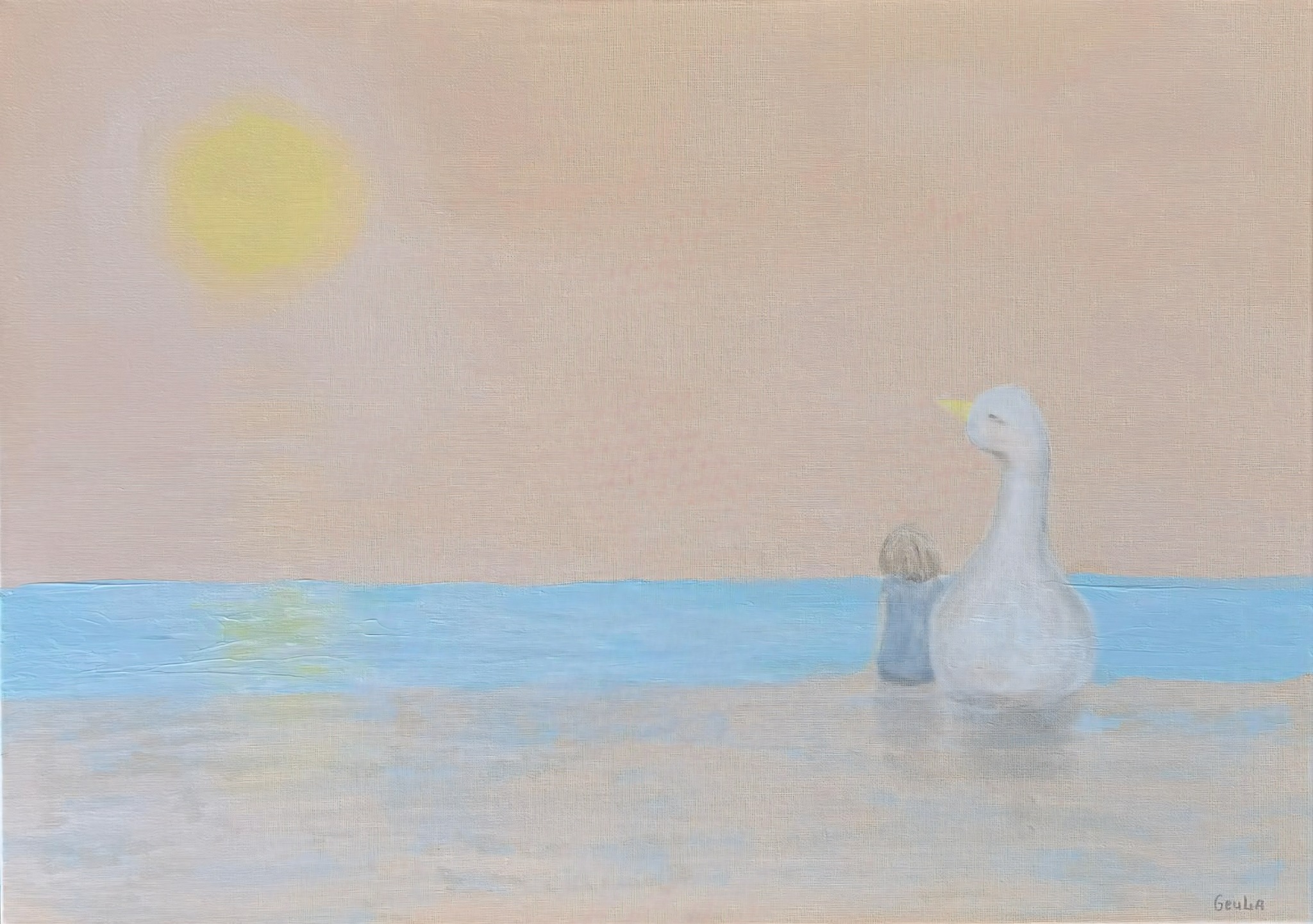 A small girl and white goose beside a blue horizon, facing a soft yellow sun.