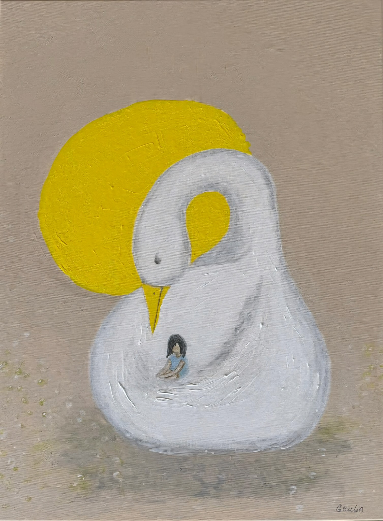A small girl resting within the curved white body of a protective goose before a yellow circle.
