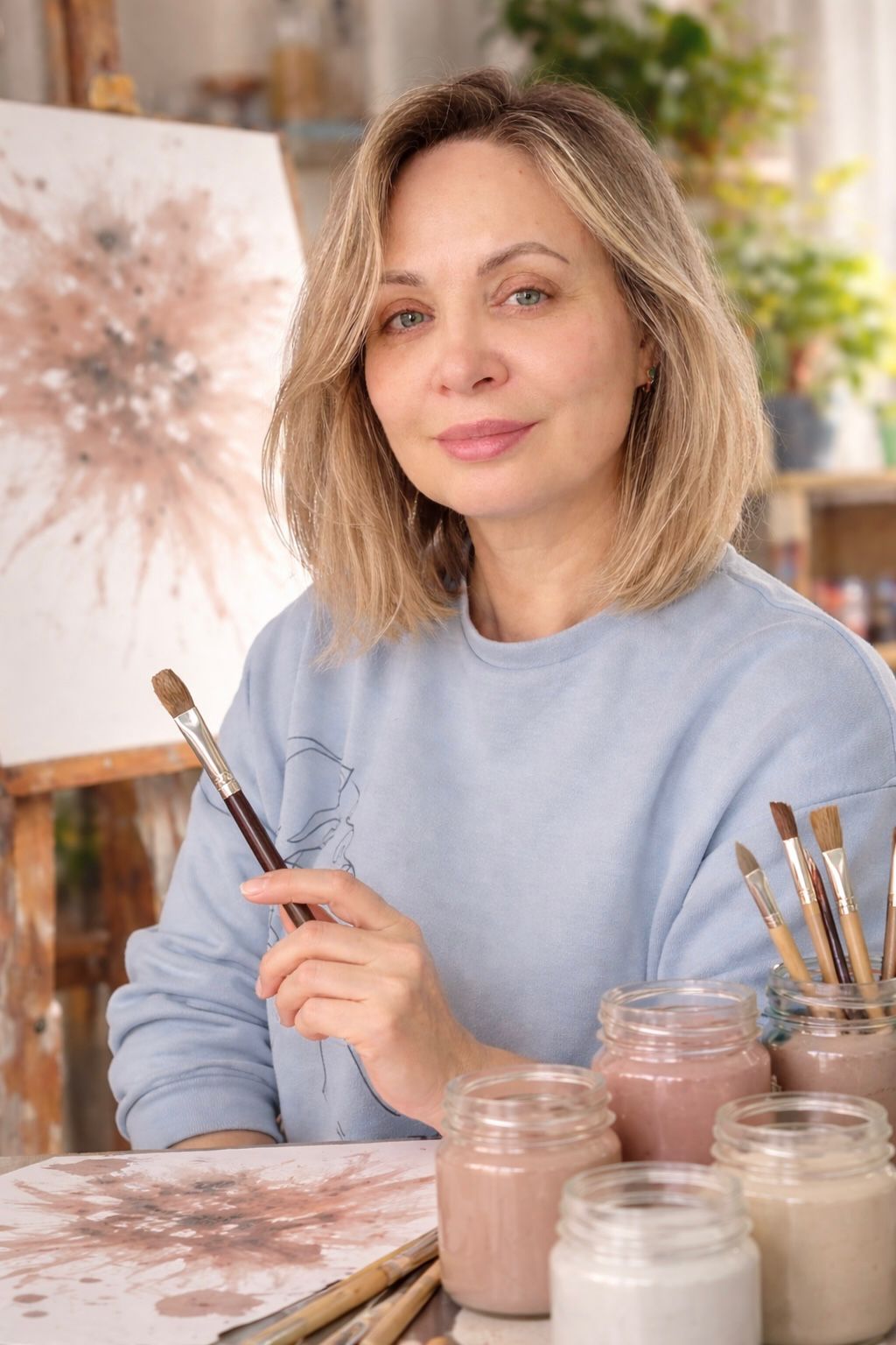 Olga Krinsky in her studio, holding a paintbrush beside her canvas and pigments.